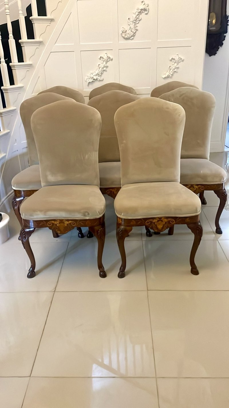 Set of 8 Antique Quality Burr Walnut Inlaid Marquetry Dining Chairs - Image 2